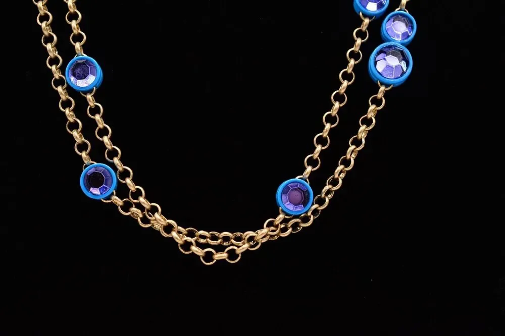 Coldwater Creek Necklace Blue Purple Crystal Rhinestone Chain Gold Signed 9J